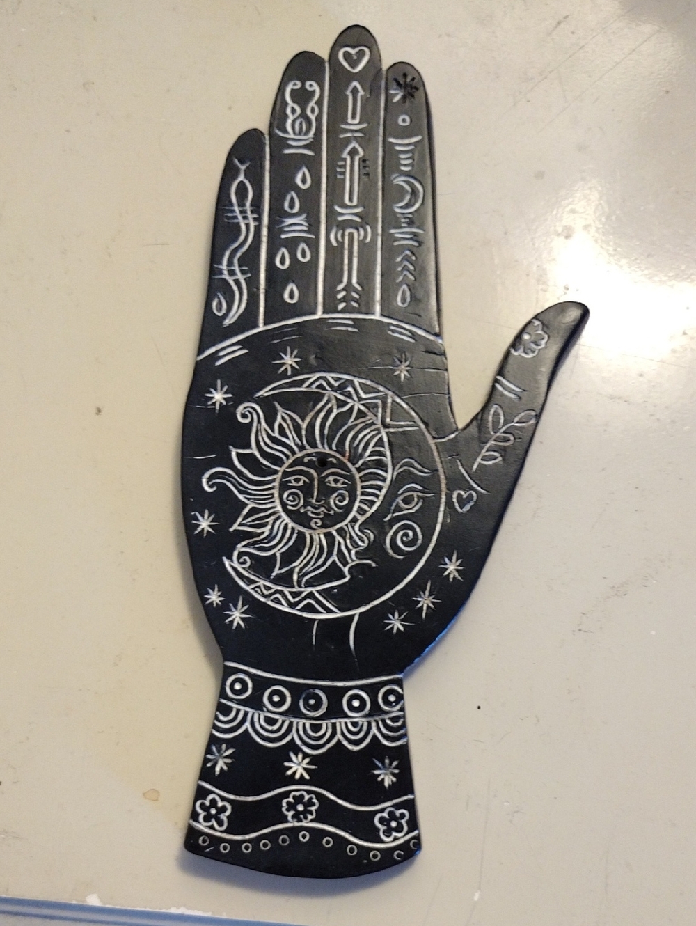 Decorative Incense Holder Black Hand Plaque with Sun & Moon Engraving